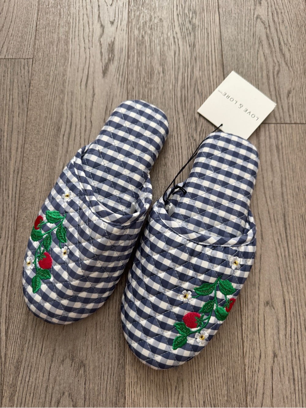 Love & Lore Quilted Blue Gingham Slide Slippers with Strawberry Embroidery
